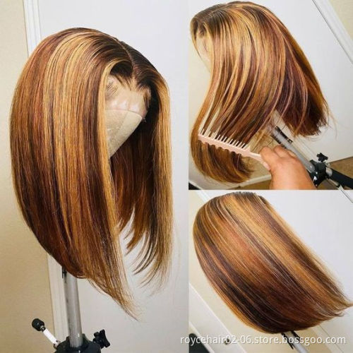 Wholesale Peruvian Virgin Human Hair Bob Wig Highlight Brown P4/30 Colored T Part Lace Front Wig